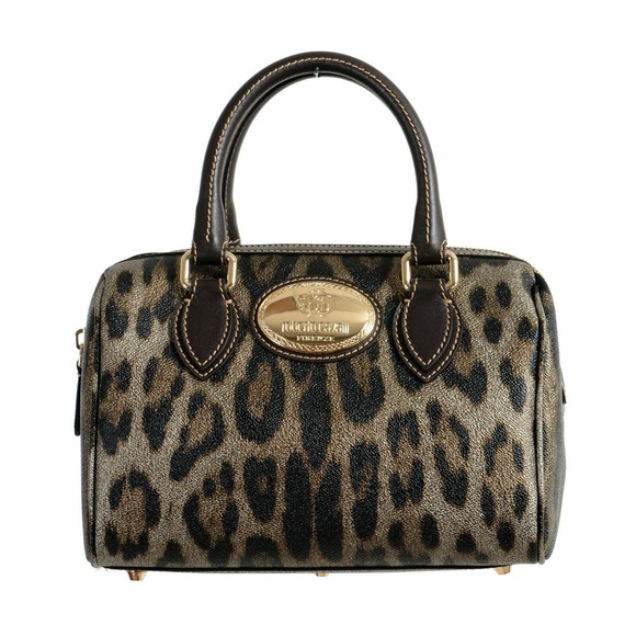 NIB ROBERTO CAVALLI BOWLING MULTI COLOR LEOPARD PRINT COATED CANVAS ZIPPER BAG